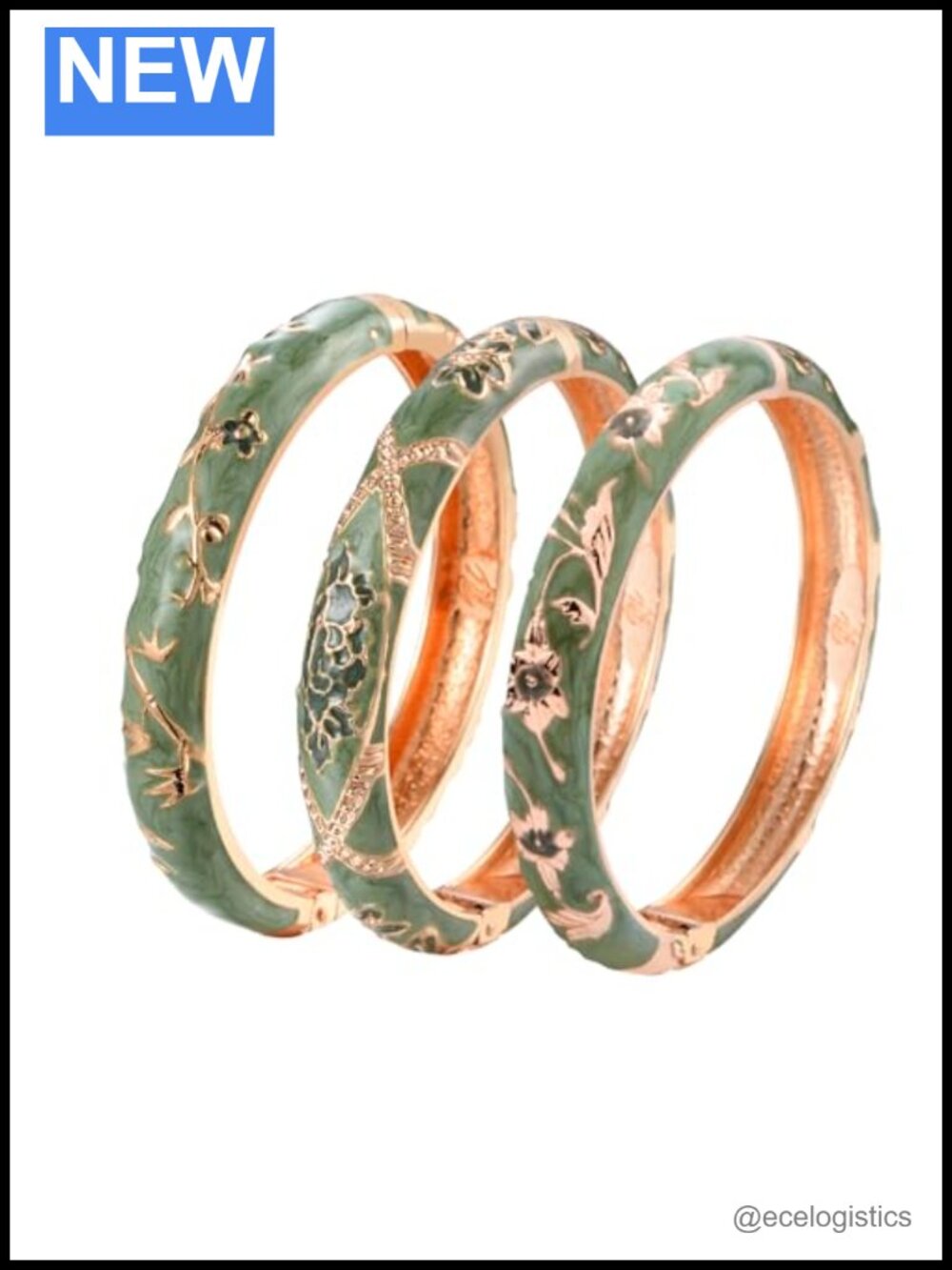 Gold Plated Cloisonne Enamel Hinged Cuff Bangle Bracelets 3 Pc Set